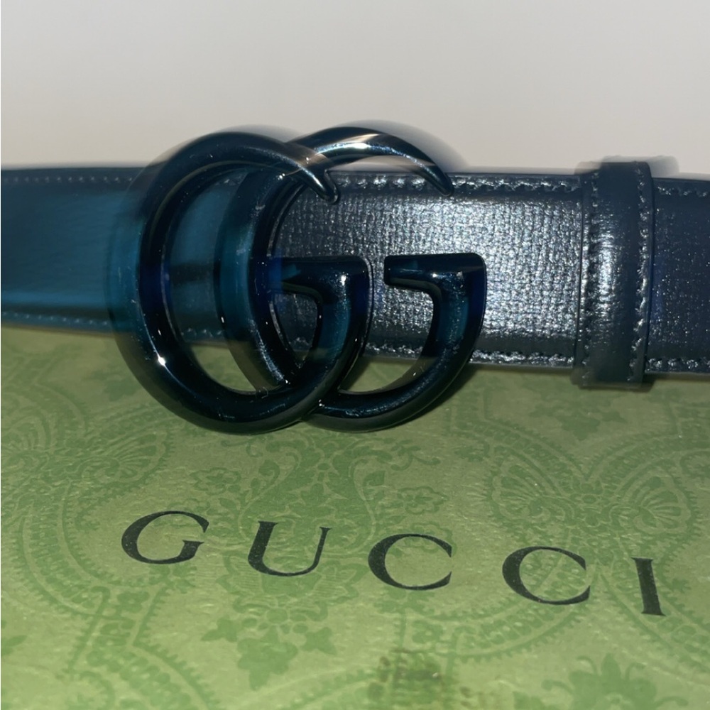 Gucci Navy Leather Belt with GG Buckle